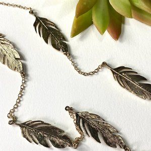 Long Goldtone Feather Chain Necklace